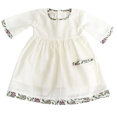 KOSHMOSH Pure Soft Cotton Frock for Baby Girl 3/4 Bell Sleeves Dress with Single Pocket Stylish Knee Length Casual Dress for Girls with Astar/Lining
