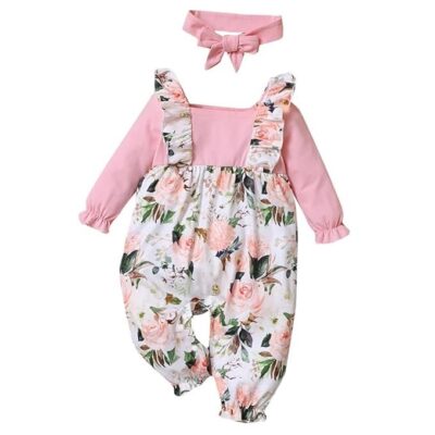 Hopscotch Girls Cotton, Polyester Floral Print Full-Sleeve Footie in Pink Color