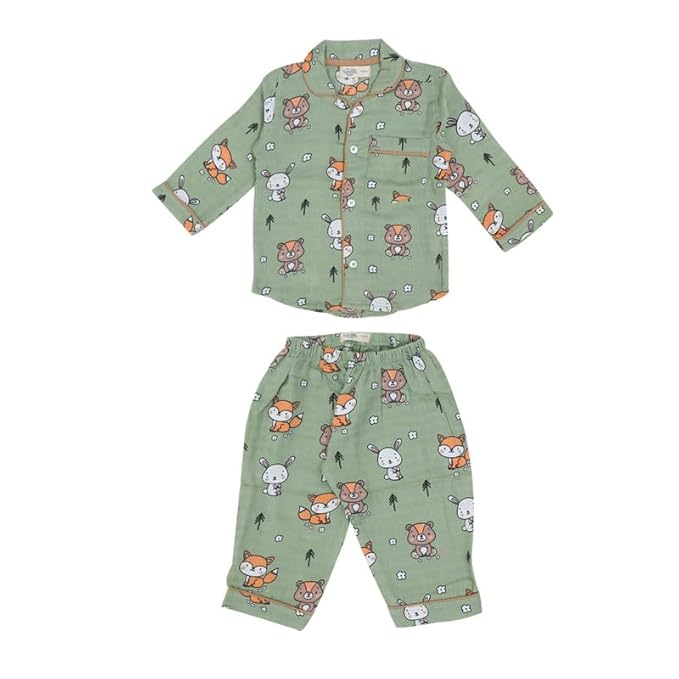 A toddler thing Organic Muslin Dyed Sleepsuit | Full Sleeves | Full Cover Dress | Top & Pants | Night Suit for Boys & Girls | Sleepwear Baby Products | Night Wear Rompers