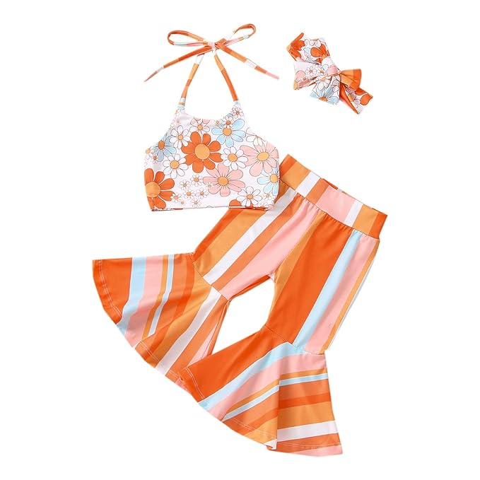 Kid Baby Girl Summer Clothes Spaghetti Straps Floral Tank Top Rainbow Flared Pants Bell Bottom Outfit