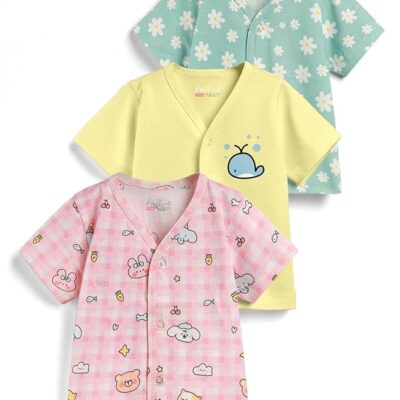 HELLCAT 100% Cotton Front Open Jhabla Vest & T Shirt for Babies - Pack of 3 (Unisex, 0-18 Months, Short Sleeve)