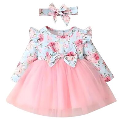 Niren Enterprise Hornbill Floral Printed Purple Color Baby Frock with Long Sleeve Knee-Length and Round Color Style