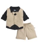 BUMZEE Boys Cotton Shirt Waistcoat & Short Set With Applique Bow