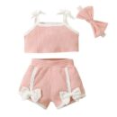 Hopscotch Girls Cotton And Polyester Solid T-shirt and Shorts with Headband in Pink Color