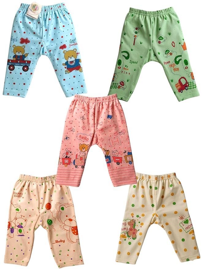 BabyNoor Unisex Cotton Pyjama Pant Set of 5 | Soft & Stretchable Sleepwear Pants Combo for Boys & Girls | Multicolored Cartoon Prints, Comfortable Nightwear for Kids
