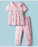 Babyhug Cotton Knit Half Sleeves Co-ords Night Suit With Animal Print - Pink